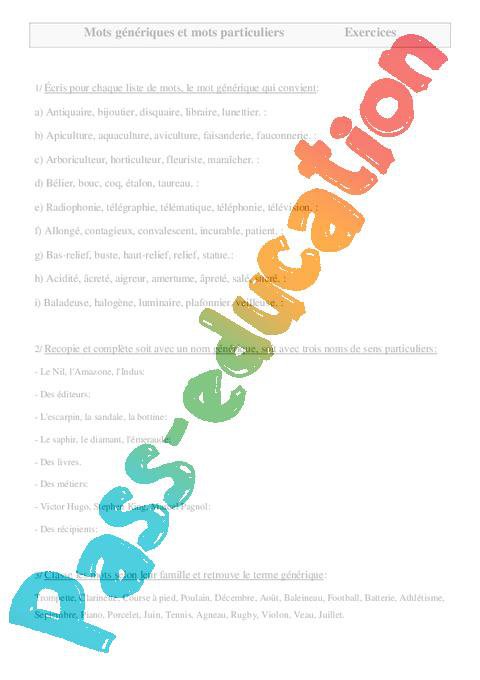 Les Mots Génériques Cm2 - Exercices Pdf